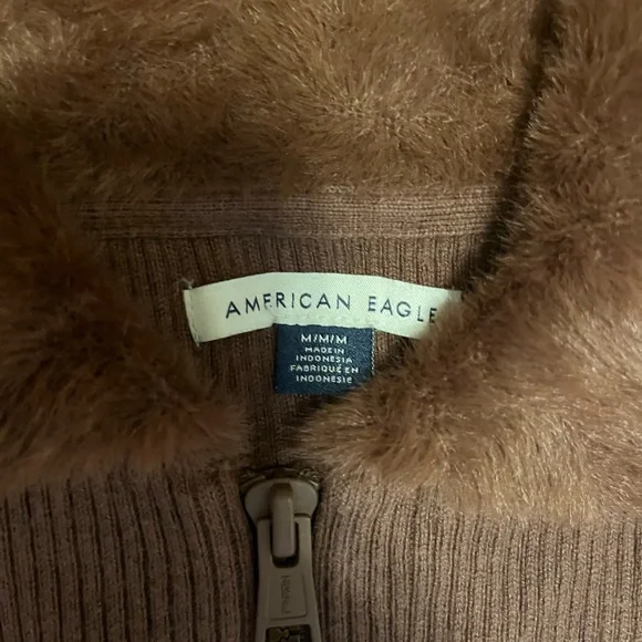 American Eagle Outfitters Brown Teddy Zip-Up with Faux Fur Collar - Picture 2 of 5